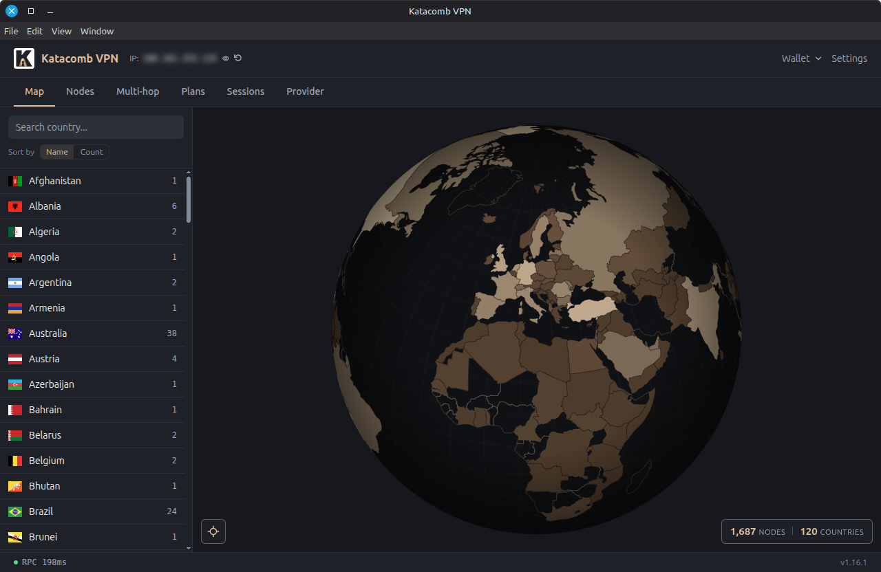 Katacomb VPN 3D globe map with per-country node counts and live network size