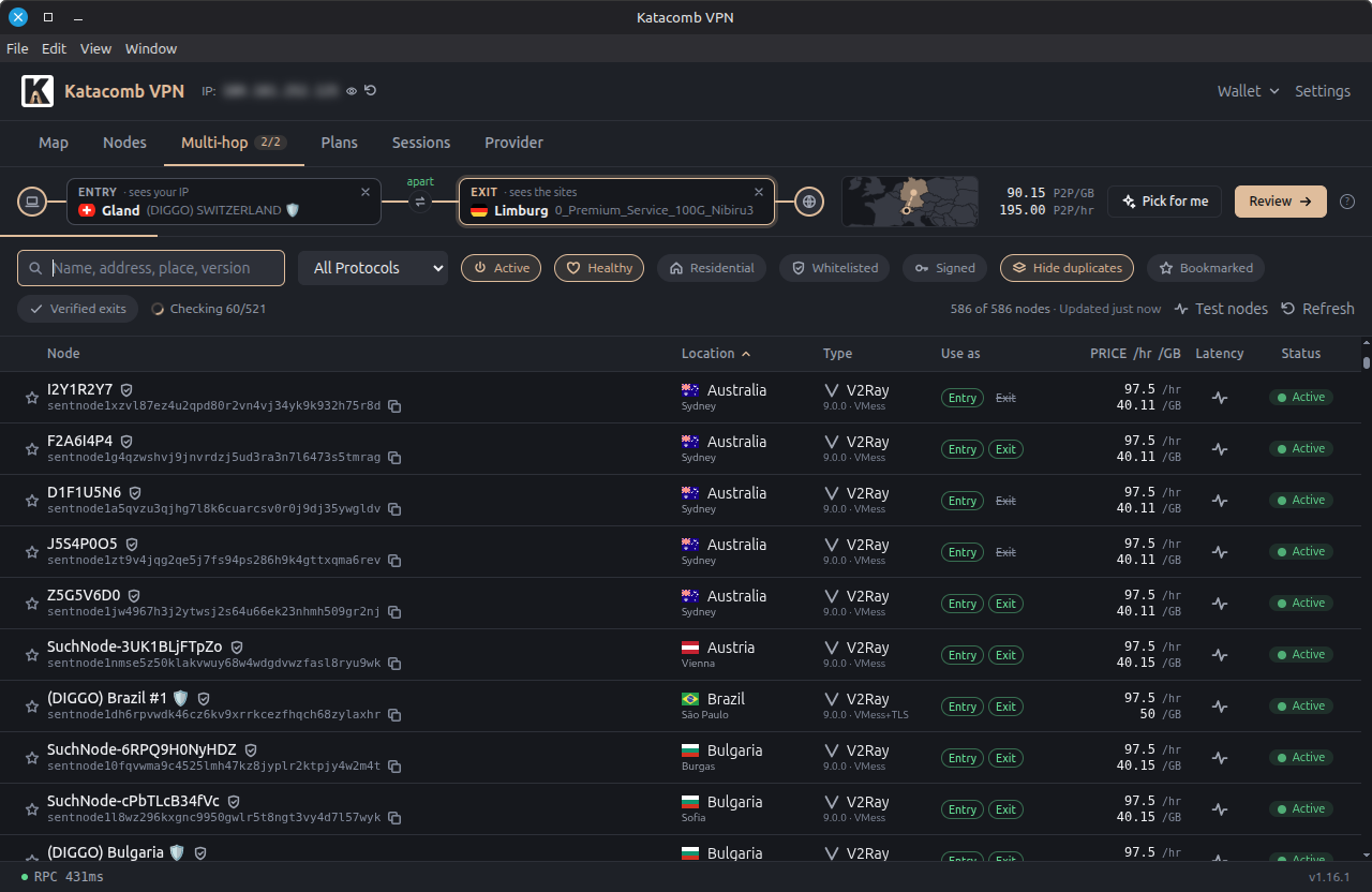 Katacomb VPN multi-hop screen for choosing an entry and an exit node