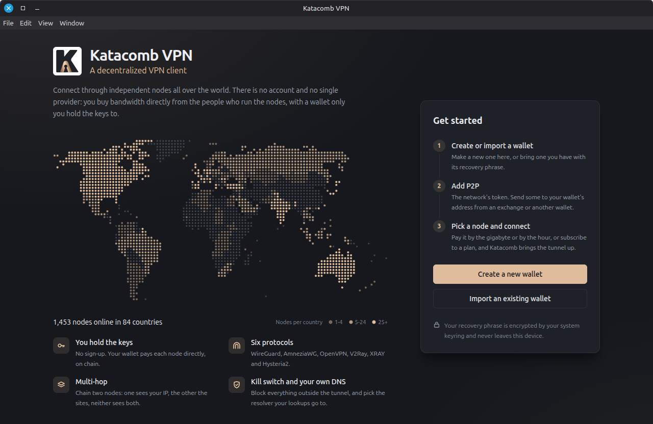 Katacomb VPN welcome screen: create or import a wallet, then pick a node