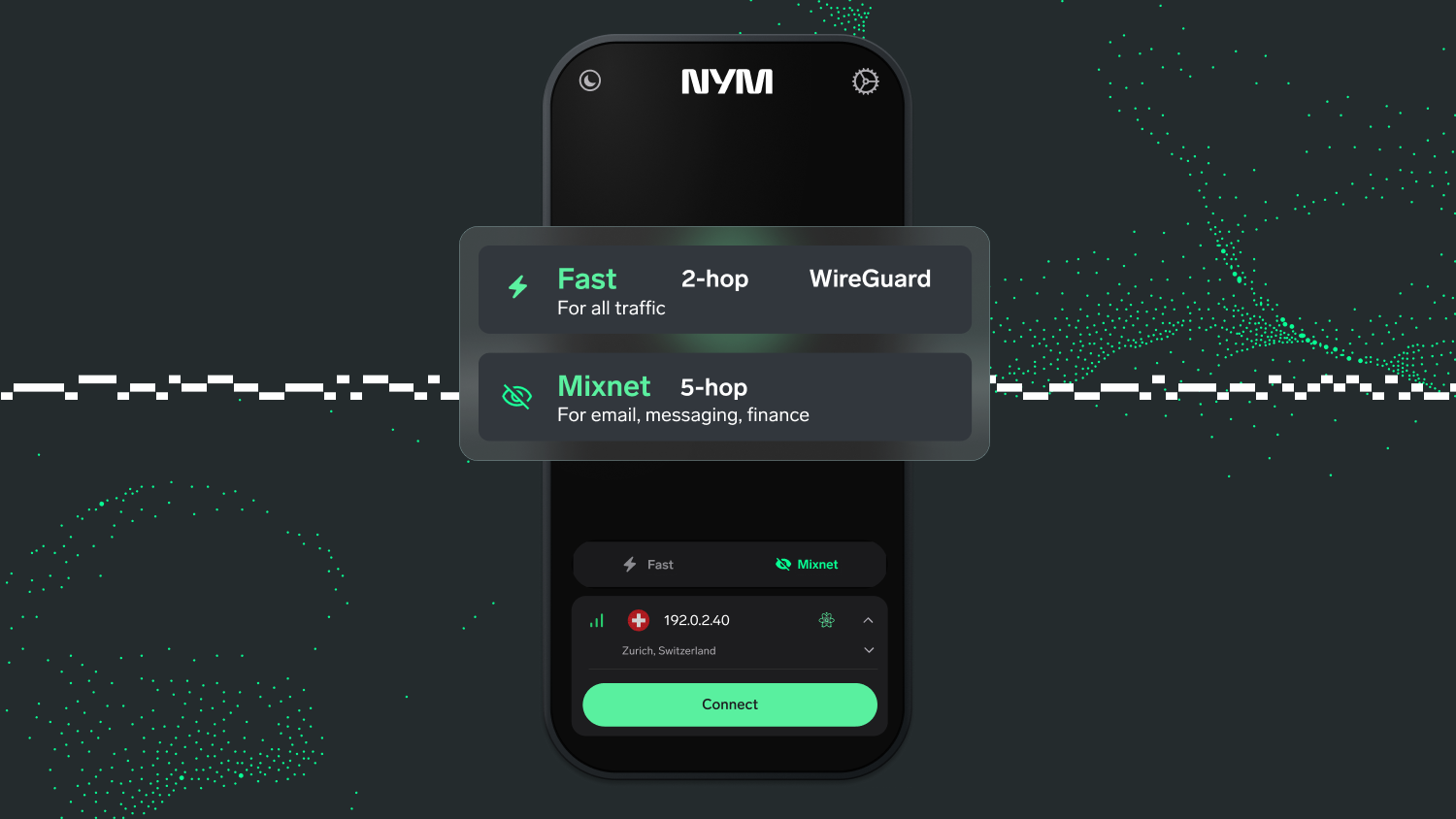 NymVPN interface showing the fast dVPN mode and the mixnet mode
