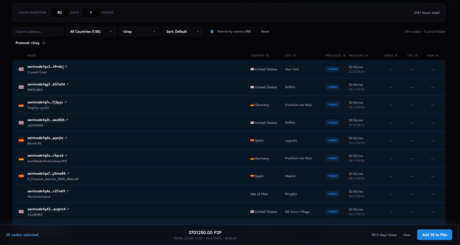 Sentinel dVPN subscriber plan and node selection interface
